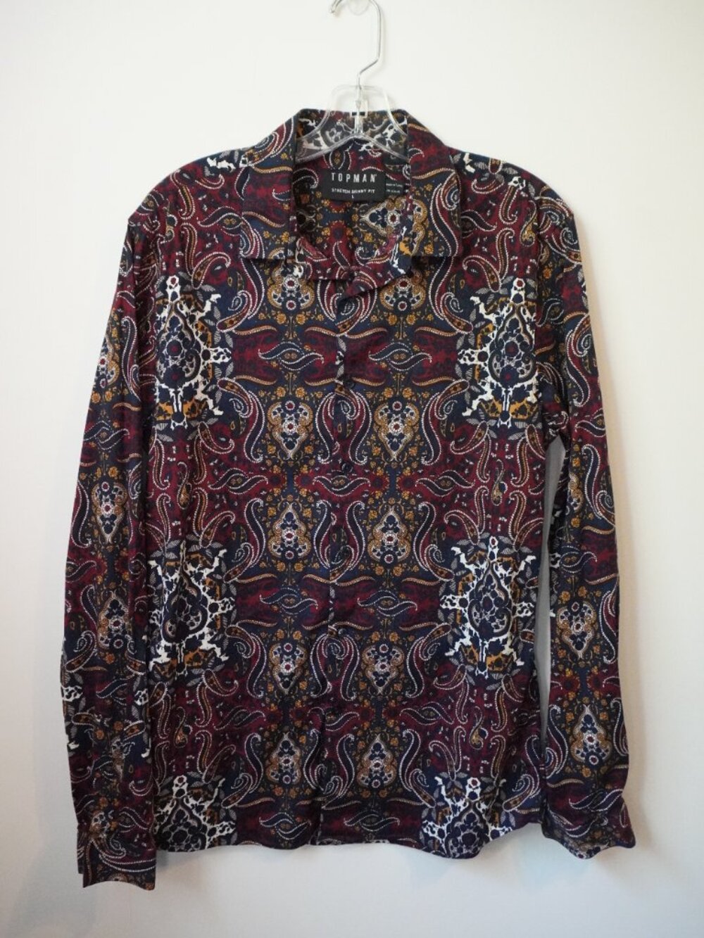 TopMan Stretch Skinny Fit Paisley Button Down Burgundy Size Large